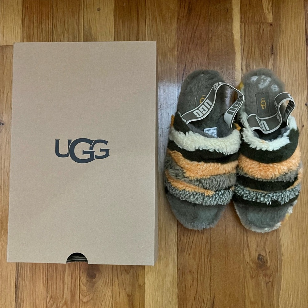UGG Women's Fluff Yeah Slide Slipper in Olive Cali Collage, Size 8